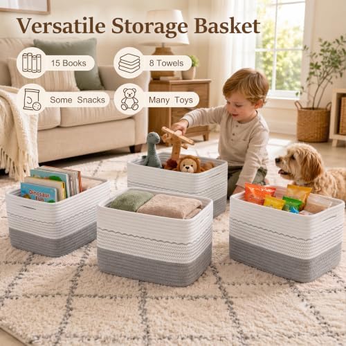 OIASKET 4 Pack Storage Baskets for Organizing, 13"X9"X7.87", Decorative Cotton Rope Baskets for Shelves, Small Woven Basket for Toys, Books and Towels, Grey & White - Image 4