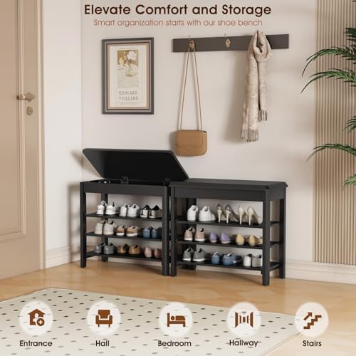 IUNVR Shoe Rack Bench Seat Rubberwood 3-Tier Wooden Storage Bench 550lbs Compact Mid-Century Modern Design for Entryway, Hallway, Closet, Front Door Entrance, Foyer - Image 3