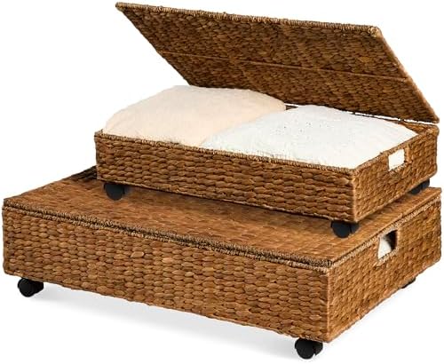 Best Choice Products Under Bed Storage Containers W/Lid, Wheels and Handles, 2-Pack Large Handwoven Water Hyacinth Closet Organizer, Shoe Storage Bins, Multi-Purpose Nesting Baskets - Chestnut by BestChoiceProducts