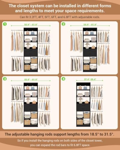 Besiost Small Closet System, 3.2-6.8FT Small Closets Organizer with 2 Wooden Drawers & 5 Hanging Rods, Can Fit 37.5 to 81.9 inch Walk-in Closet System, Black, Enclosed Storage Volume 2.32 ft³ - Image 3