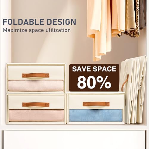 DIMJ Closet Organizers and Storage - Fabric Bins with Drawers for Closet Foldable Clothes Organizers with Clear Window, Stackable Storage Drawers for Bedroom, Living Room, 4-Pack, Beige - Image 6