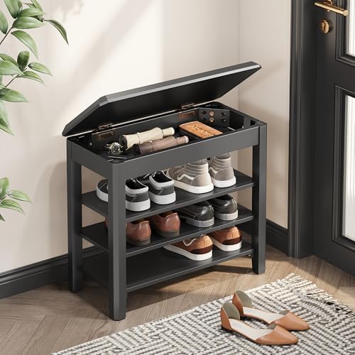 IUNVR Shoe Rack Bench Seat Rubberwood 3-Tier Wooden Storage Bench 550lbs Compact Mid-Century Modern Design for Entryway, Hallway, Closet, Front Door Entrance, Foyer by IUNVR