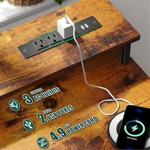 Korfile 47 Inch Computer Desk with Power Outlets,LED,5 Drawers,Rustic Brown - Image 4