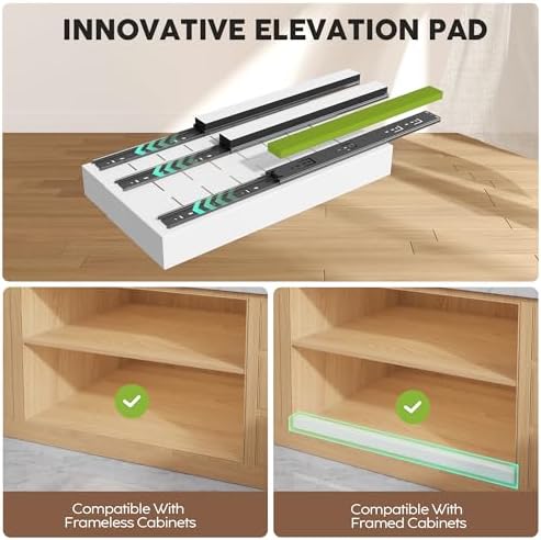 Seinloes 4 Pack Pull Out Cabinet Organizers 21" Deep With Raising Pad for Framed Cabinets, Expandable Width (9"-14") Slide Out Drawers Upgrade 3 Slide Rails, Roll Out Shelves Adhesive, White - Image 2