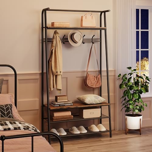 31.5" Coat Rack Hall Tree Shoe Bench with Hooks, 4 in 1 Shelf Entryway Hall Tree with Storage, Freestanding Metal Frame Multifunctional Hallway Organizer, Wood Look Accent Furniture for Bathroom - Image 6