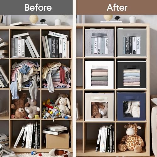 Homsorout Cube Storage Bins - Fabric Shelves for Closet Organization, Foldable Storage Bins for Clothes, Decorative Storage Baskets with Window for Home, Set of 6, Black - Image 6