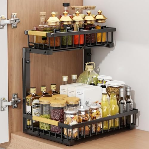 GarveeLife Under Sink Organizer, L-Shape Pull-Out 2-Tier Carbon Steel Storage Organizer with Suction Cups - Space-Saving Cabinet Rack for Kitchen & Bathroom - Easy Access Sliding Design -Black - Image 3
