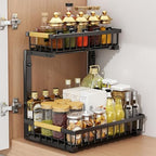 GarveeLife Under Sink Organizer, L-Shape Pull-Out 2-Tier Carbon Steel Storage Organizer with Suction Cups - Space-Saving Cabinet Rack for Kitchen & Bathroom - Easy Access Sliding Design -Black - Image 3