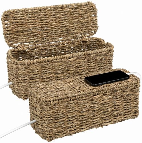 2 Pack Handwoven Cable Management Box with Lid, Decorative Cord Organizer for Power Strips, Chargers, TV Wires, Desk, Home & Office Storage, Natural Sea Grass by Kultilanda