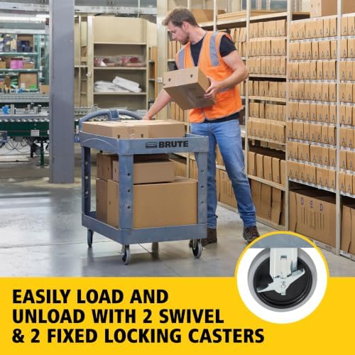 Rubbermaid Commercial Products BRUTE Heavy Duty 2-Shelf Utility/Service Cart, Medium, Lipped Shelves, Ergonomic Handle, 500 lbs. Capacity, Gray, for Warehouse/Garage/Cleaning/Maintenance/Stadiums - Image 6
