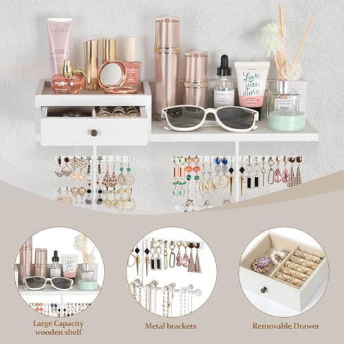 VINAEMO Jewelry Organizer Hanging Wall Mounted Jewelry Holder with Rustic Wood Drawer & Large Capacity Storage Shelf Rack Display for Earrings Rings Necklaces Bracelet(White Iron) - Image 5