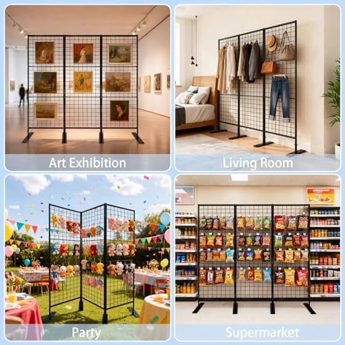 Room Divider Freestanding Gridwall, 3 Panel Folding Display Board Organizer with Base Feet, Privacy Screens Portable Freestanding Display Board Wire for Craft Shows Events Retail - Image 4