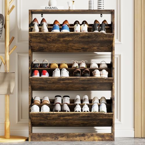 Xixini Shoe Storage Cabinet for Entryway with 3 Flip Drawers, Sturdy Wood Hidden Shoe Storage, Freestanding Narrow Slim Shoe Organizer for Front Door Entrance, Living Room, Hallway, Bedroom, Brown - Image 6