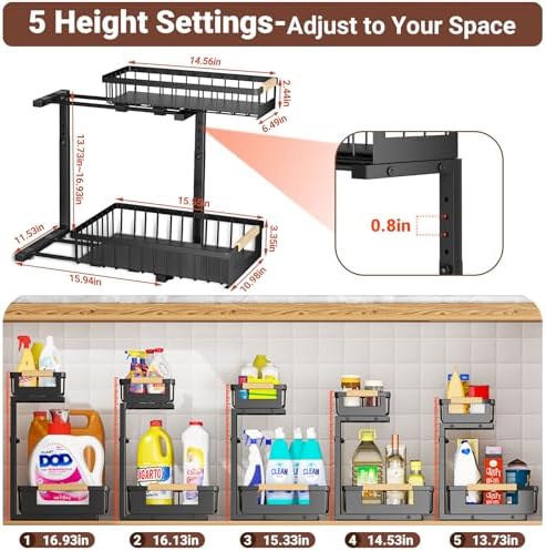 Under Sink Organizers and Storage, 2 Pack L-Shaped Pull Out Cabinet Organizer, 2 Tier Sliding Storage Rack with Adjustable Height, Metal Under Sink Shelf for Kitchen, Bathroom, Pantry, Black - Image 3