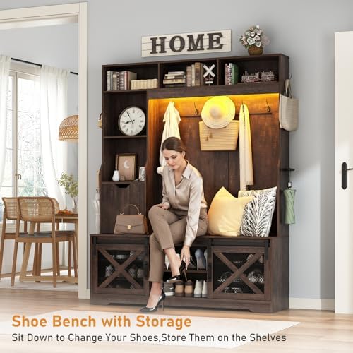 75''H 59''W Large LED Farmhouse Hall Tree with Bench and Shoe Storage,Entryway Bench with Coat Rack,16 Shoe Cubbies & Umbrella Holder and Sock Storage Drawer,Mudroom/Hallway Storages Cabinet(Brown) - Image 5