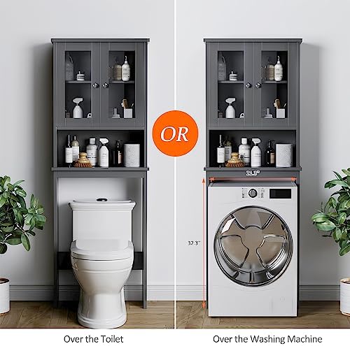 Over the Toilet Storage Cabinet for Bathroom, Storage Organizer Over Toilet, Bathroom Space Saver with Tempered Glass Doors, Gray - Image 4