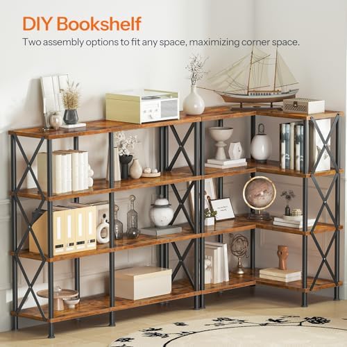 HOOBRO Corner Bookshelf, 4-Tier L-Shaped Bookcase, Industrial Open Display Shelf Tall Storage Organizer, Vertical Storage Rack, for Living Room, Home Office, Rustic Brown and Black BF59SJ01 - Image 4
