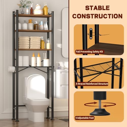 GloTika 4-Tier Over Toilet Storage, Anti-Tilt, 69.3" H, Brown - Image 4