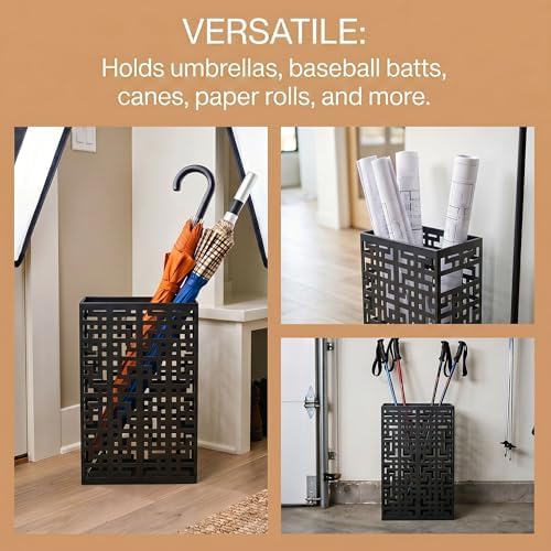 BEWBBAT Umbrella Stand Rack for Entryway, Hollow Metal Holder, FreeStanding Storage Bin for Long Umbrellas, Holds 6-7, Black - Image 4