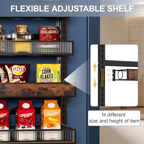 6 Tier Pantry Door Organizer Spice Rack, 2-IN-1 Wall Mount or Hanging Over Door Seasoning Organizer with Adjustable Baskets, Heavy Duty Behind Door Storage Shelves for Pantry, Cabinet and Kitchen - Image 3