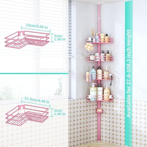 HapiRm Corner Shower Caddy Organizer - Shower Organizer Corner with Soap Holder, Toothbrush Holder and 4 Hooks, Rustproof Bathroom Shelf Tension Pole Available for 27.6 to 108.3 Inch - Pink - Image 5