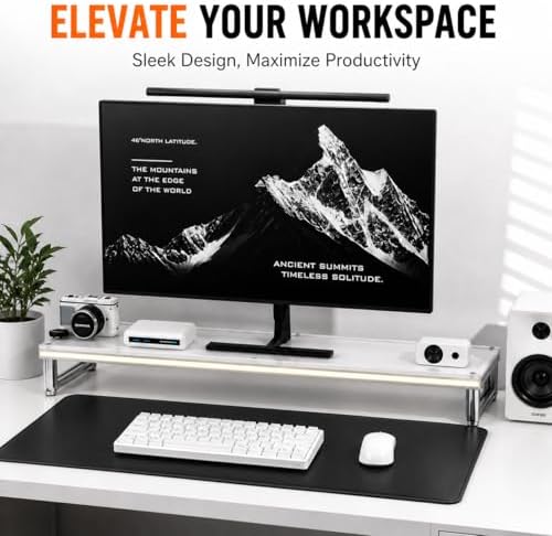 LED Lighted Monitor Stand Riser, Aluminum Alloy Frame with Frosted Acrylic Top, Under-Desk Storage Organizer for Small Parts, Minimalist Desktop Stand for Home & Gaming Setup (15.8 in / 400 mm) - Image 2