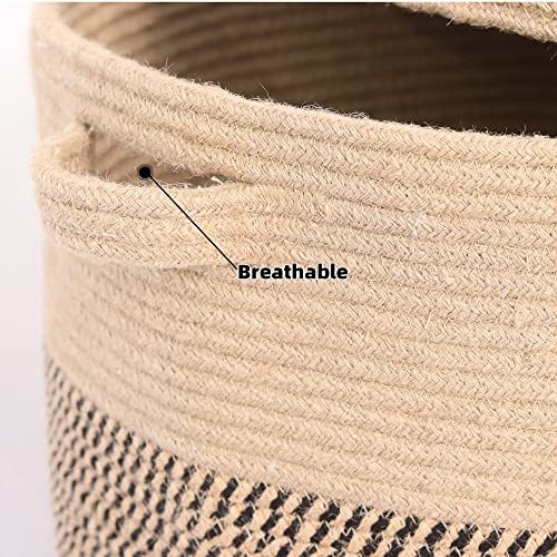 Extra Large Storage Basket with Lid 60L, 16"Wx18"H Woven Laundry Hamper Basket with Handle, Jute Rope Wicker Basket Blankets Pillows Storage in Living Room Baby Nursery, Jute/Black Mix includes Lid - Image 6
