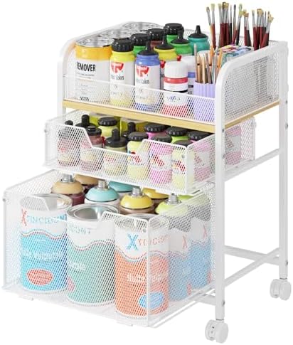 Yociyoga 3 Tier Rolling Cart with Drawers,Pantry Storage Cart with Wheels,Under Desk Storage Cart for Small Space,Pantry Floor Organizers and Storage,Metal Load-Bearing Utility Craft Cart,White - Image 2