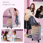 Yueieoun 5 in 1 Rolling Makeup Case, Cosmetology Case on Wheels Travel Make up Train Case Nail Cart Makeup Organizer Cosmetic Storage Box Cases Extra Large Trolley Truck with 360° Swivel Wheels, Pink - Image 5