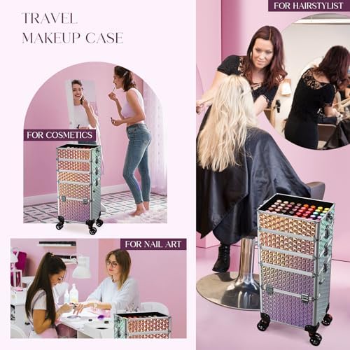 Yueieoun 5 in 1 Rolling Makeup Case, Cosmetology Case on Wheels Travel Make up Train Case Nail Cart Makeup Organizer Cosmetic Storage Box Cases Extra Large Trolley Truck with 360° Swivel Wheels, Pink - Image 5