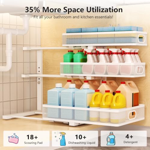 3-Tier Under Sink Organizer, Slide Out Drawer Rack, White, 2 Pack - Image 4