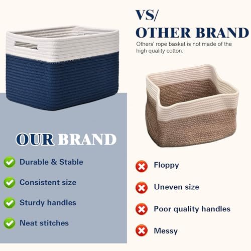 Storage Baskets for Organizing, 4 Pack Baskets for Shelves, Decorative Storage Bins for Shelves, Cotton Rope Storage Basket with Handles, Woven Basket for Storage, 13''Lx8.7''Wx7.9''H, White & Blue - Image 4