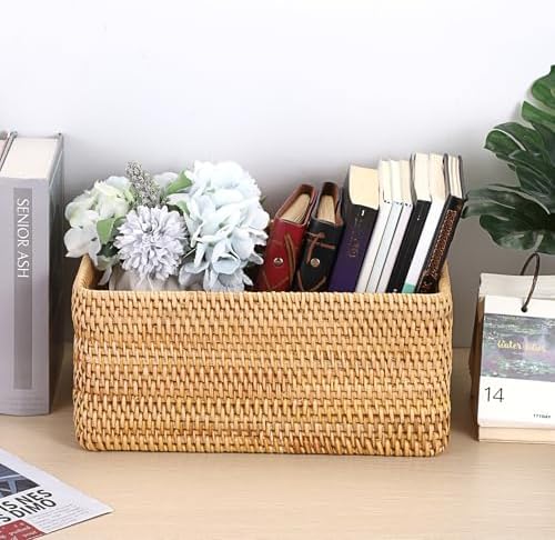 Hipiwe Woven Rattan Basket Natural Wicker Storage Basket Box with Handles - Image 4