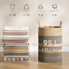 Nunsino 95L Striped Laundry Hamper with Leather Handles,Large Foldable Laundry Basket for Clothes,Cotton Rope Storage Bin for Blankets,Woven Clothes Basket for Bedroom,Dark Brown Stripes - Image 4