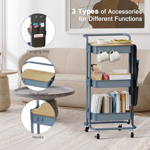 DTK 3-Tier Rolling Cart with Table Top, Metal Utility Cart with Side Bags - Image 5