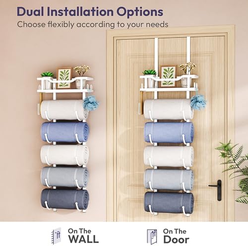 SWTYMIKI Over the Door Towel Rack - 6 Tier Towel Racks for Bathroom Wall Mounted, Towel Holder with Shelf, Hanging Rolled Towel Storage Organizer for Small Bathroom, Camper, RV, White - Image 6