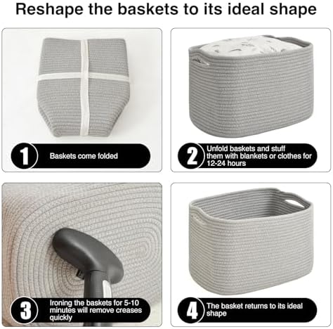 ICERZCZ Storage Baskets for Organizing & Shelves, Woven Cotton Rope Organization Bins for Dog Toys, Clothes, Books, Nursery Organizer, 15"Lx11"Wx9.5"H, (4 Packs) Grey - Image 7