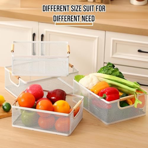 Rtteri 4 Pack White Metal Wire Basket with Wood Handle 2 Size Large Metal Mesh Basket Stackable Wire Storage Bin for Pantry Food Snacks Storage Kitchen Organizing - Image 4