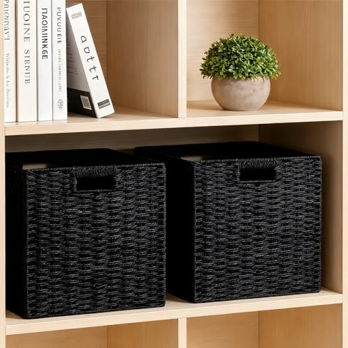 UBBCARE 4 Pack Wicker Basket, 11L×11H×10.5W inch Woven Paper Rope Storage Baskets for Shelves, Foldable Cube Storage bin with Handle, Storage Basket for Organizing & Decor, Black - Image 4