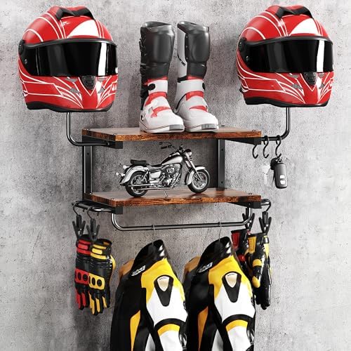 Motorcycle Helmet Holder Wall Mount, 2 Tier Helmet Rack with 2 Hat Stands by Unknown