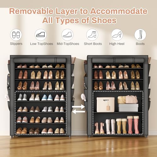 VTRIN Shoe Rack with Cover, 7 Tier Shoe Organizer Storage for 35-40 Pairs Shoes and Boots Large Capacity Tall Shoe Shelf with 8 Pockets Free Standing Shoe Rack for Closet, Entryway, Garage - Image 6