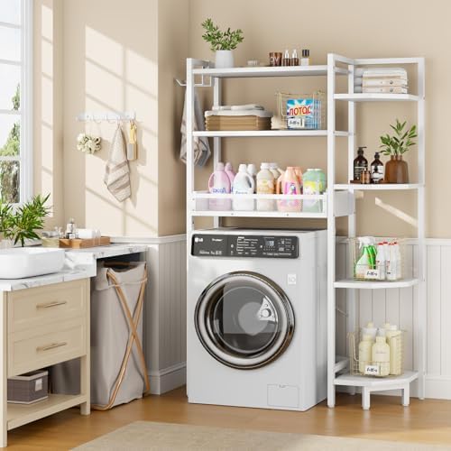 K1 Heavy Duty 7-Tier Over The Toilet Storage（With Basket and Paper Hook）Freestanding Above Toilet Shelf with Adjustable Feet，Space Saver Bathroom Shelves 9.3"D x 33.5"W x 63.8"H，Beige White - Image 2
