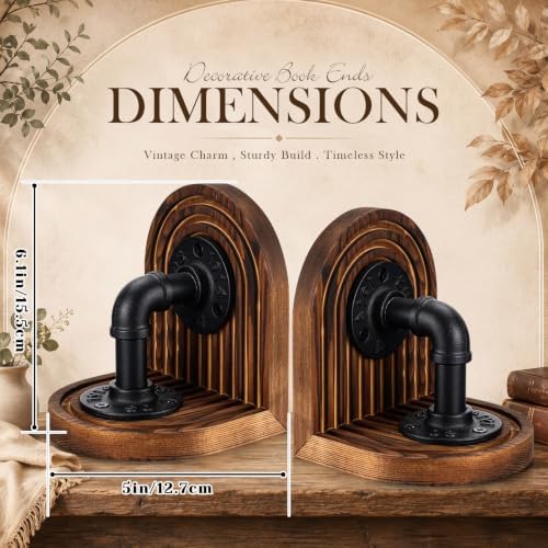 Rustic 6.1x5in Wood Decorative Bookends for Shelves Industrial Pipe Design - Image 2