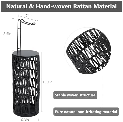 Black Freestanding Toilet Paper Holder with Storage,3 Rolls of Tissue Holder for Bathroom,Handmade Woven Toilet Paper Roll Holder Stand,Rattan Sturdy Boho Bathroom - Image 5