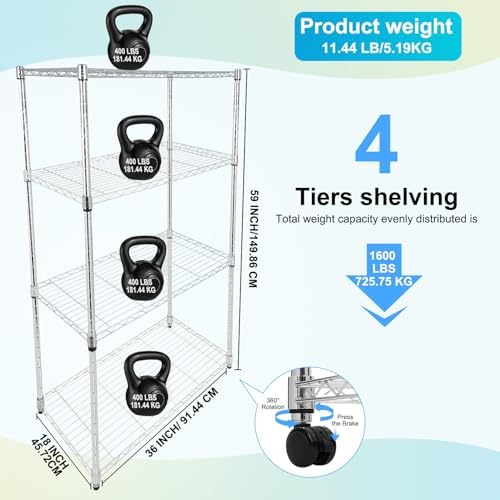 Whitmor 4 Tier Storage Shelves, Heavy Duty with Wheels, 400 lbs Capacity per Shelf, Max 1600 lbs Total, Adjustable Steel Organizer for Garage, Kitchen, Bathroom, 36" L x 18" W x 59" H, Chrome - Image 3