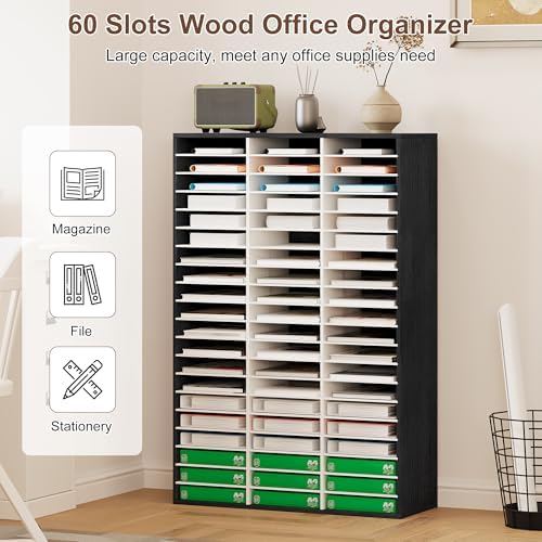 EasyPAG 60 Compartments Wooden Literature Organizer with Adjustable Shelves, 30000 Sheets Capacity Paper Organizer, Classroom Mailbox and Mail Sorter for Teachers and Office, Black/White - Image 2
