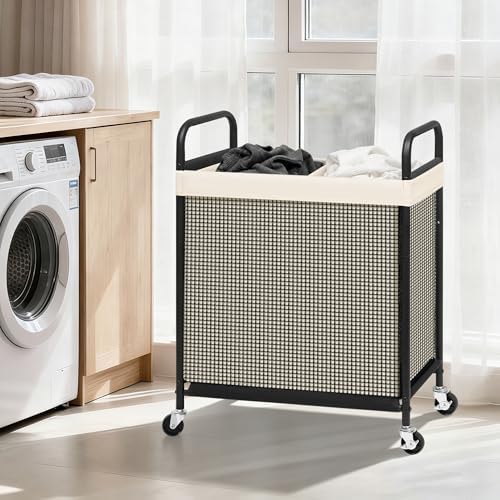STORAGE MANIAC Rolling Laundry Hamper with Wheels 2-Section Laundry Sorter Rolling Laundrys Basket on Wheels with Removable Bag Clothes Hamper Laundrys Organizer Cart Bathroom Bedroom 100L Beige - Image 2