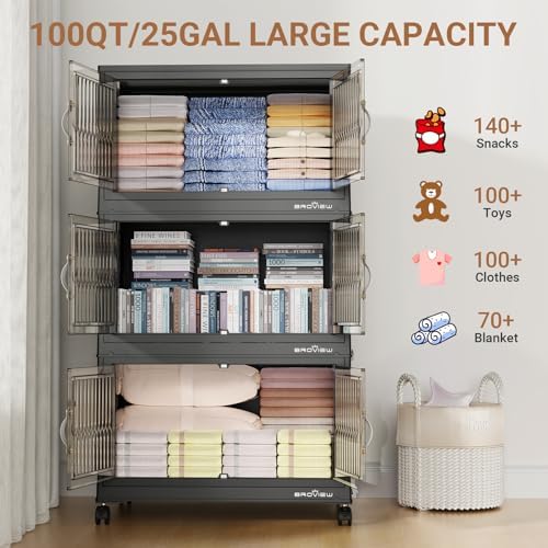 BROVIEW 500Qt Stackable Storage Bins with Lid, Extra Large Closet Organizer Collapsible Drawer Boxes with Wheels, Folding Plastic Cabinet Containers for Home Kitchen Room Organization, 5Pack Black - Image 4