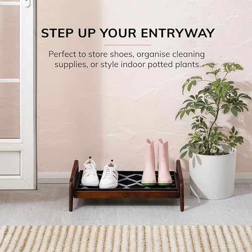 Anji Mountain Heavy Duty Waterproof Wooden Shoe Storage Mat Organizer/Boot Storage Tray Multi Use for Entryway with Coir, Black and Ivory Diamond Insert, 1 Tier, Fits 2 Pair (26.5" Wide) - Image 2