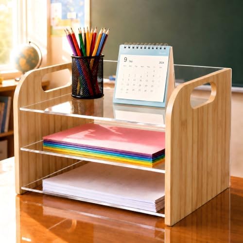 Marsui 3 Tier Desk Paper File Organizer, Bamboo & Acrylic Letter Tray - Image 2